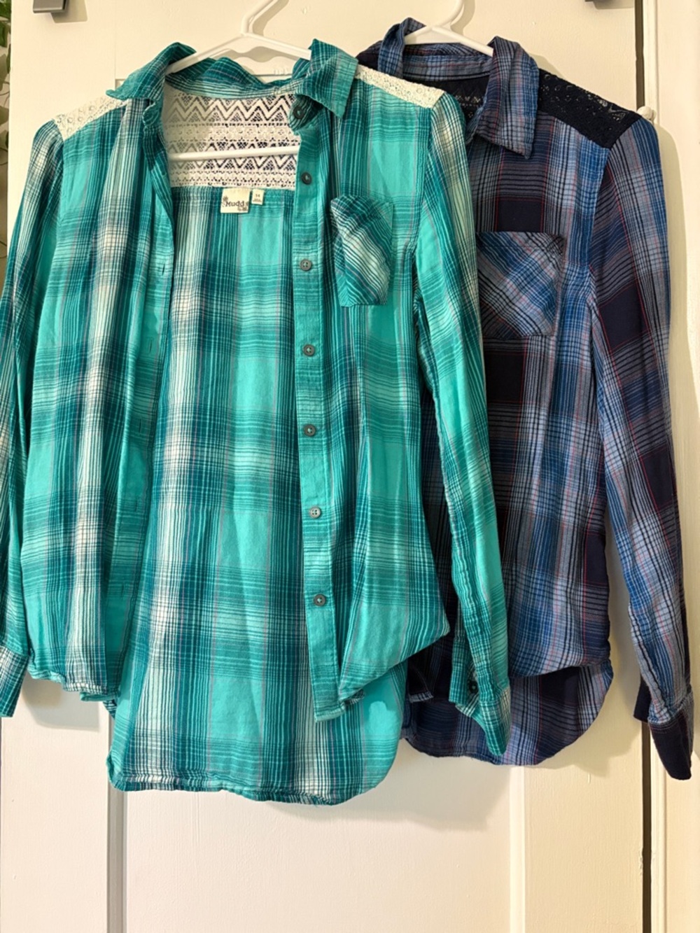 Plaid Button-Up Shirts with Lace Yoke
